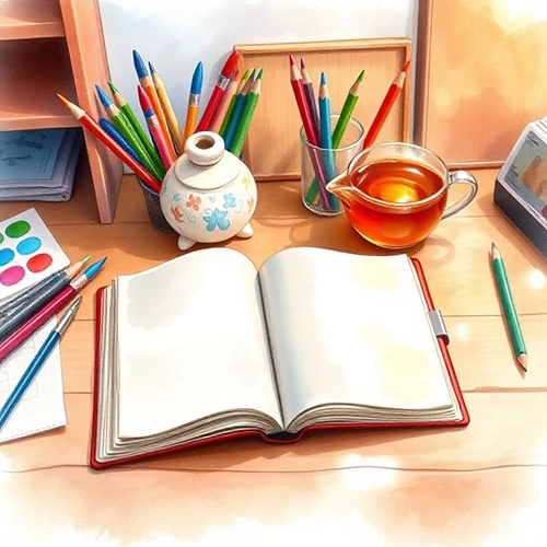 Portrait of a children's book author and illustrator smiling in their creative workspace, surrounded by colorful artwork and painting supplies